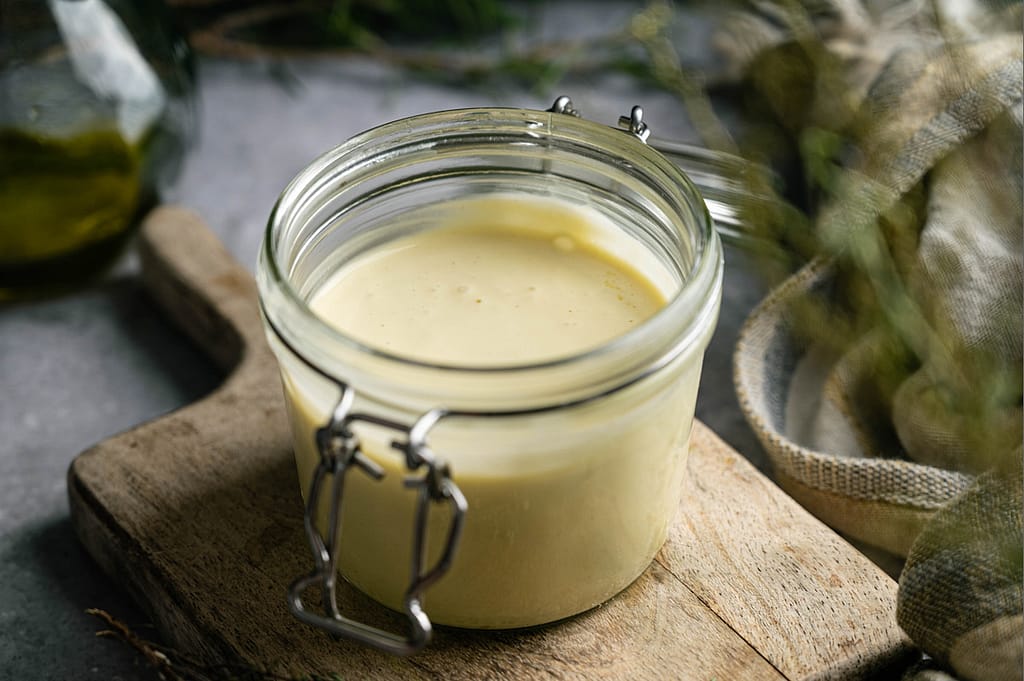 Close view of mayonnaise in a glass clip-top jar on a wooden board