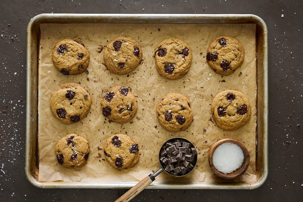Ingredients for homemade Brown Butter Chocolate Chunk Cookies measured and arranged before baking.