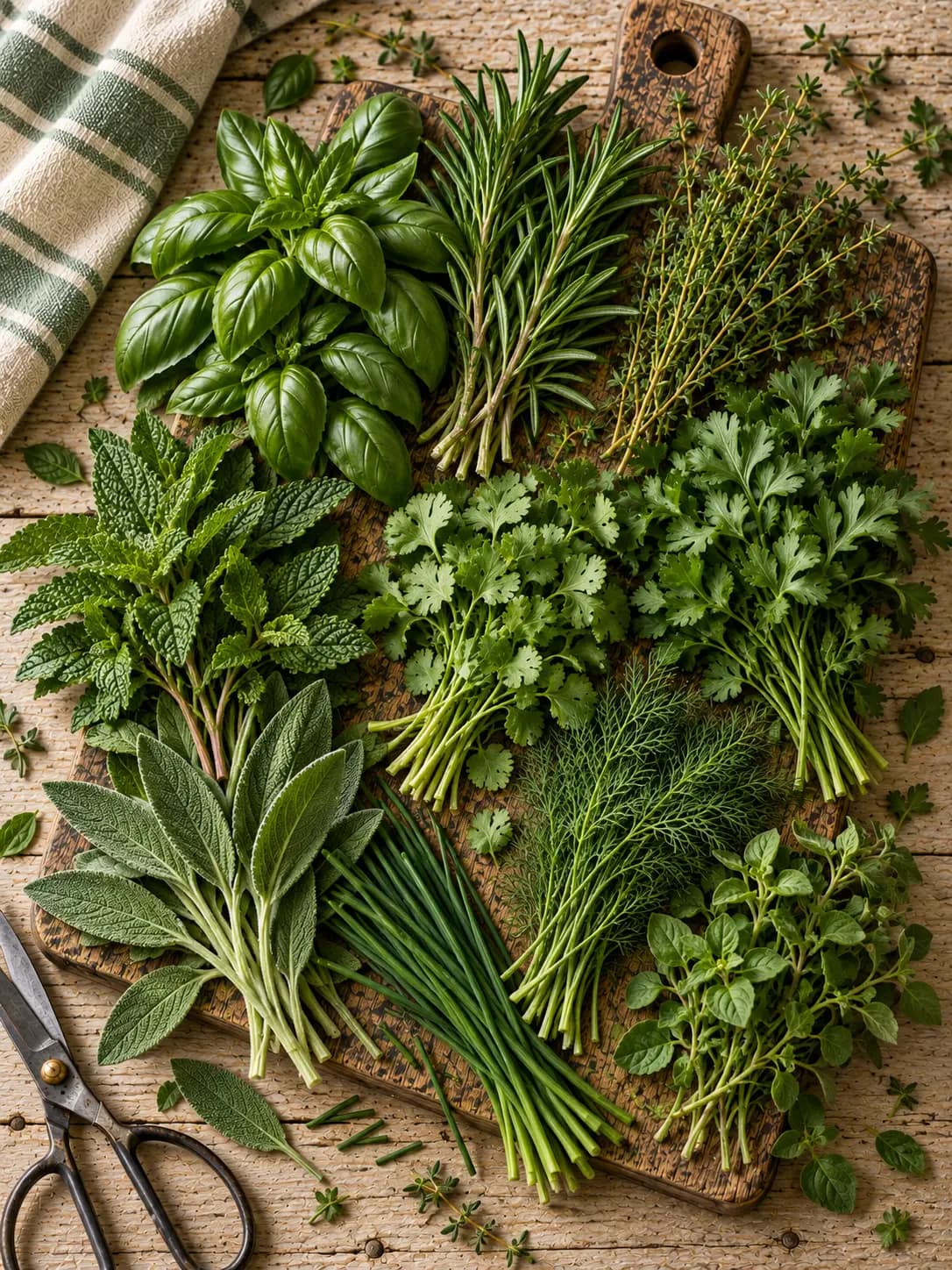 Fresh garden herbs spread naturally across a weathered oak table