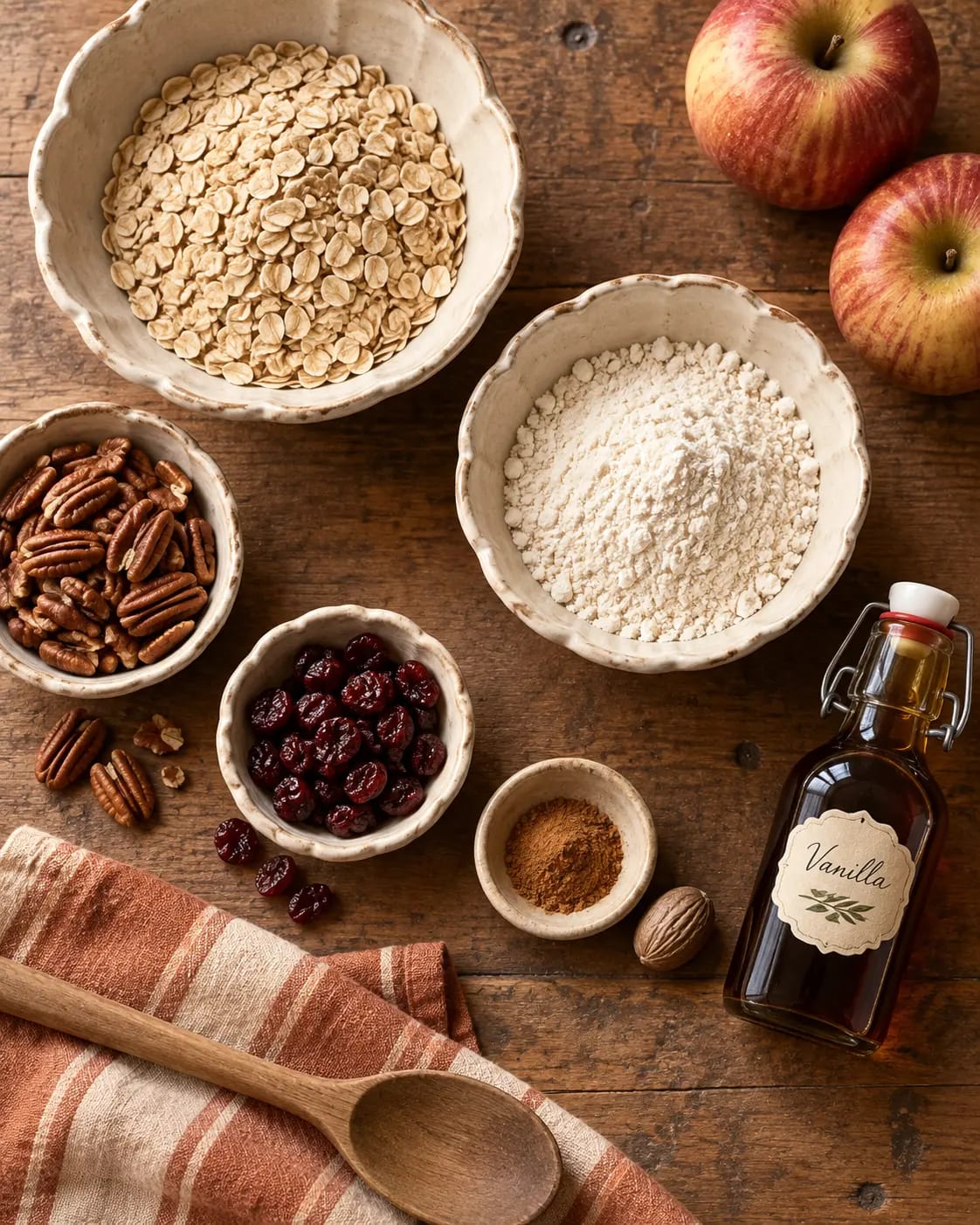 Bowls of oats, flour, pecans, dried cranberries, and spices with apples and maple syrup.