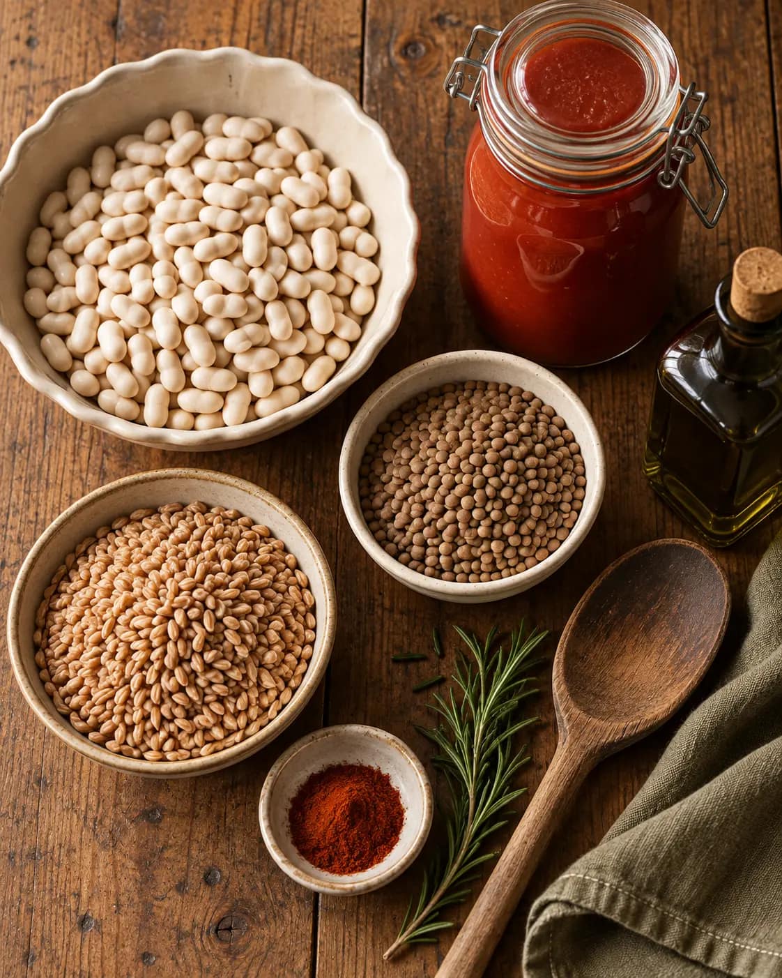 Bowls of white beans, lentils, and farro with passata, olive oil, rosemary, and paprika on a wooden table.