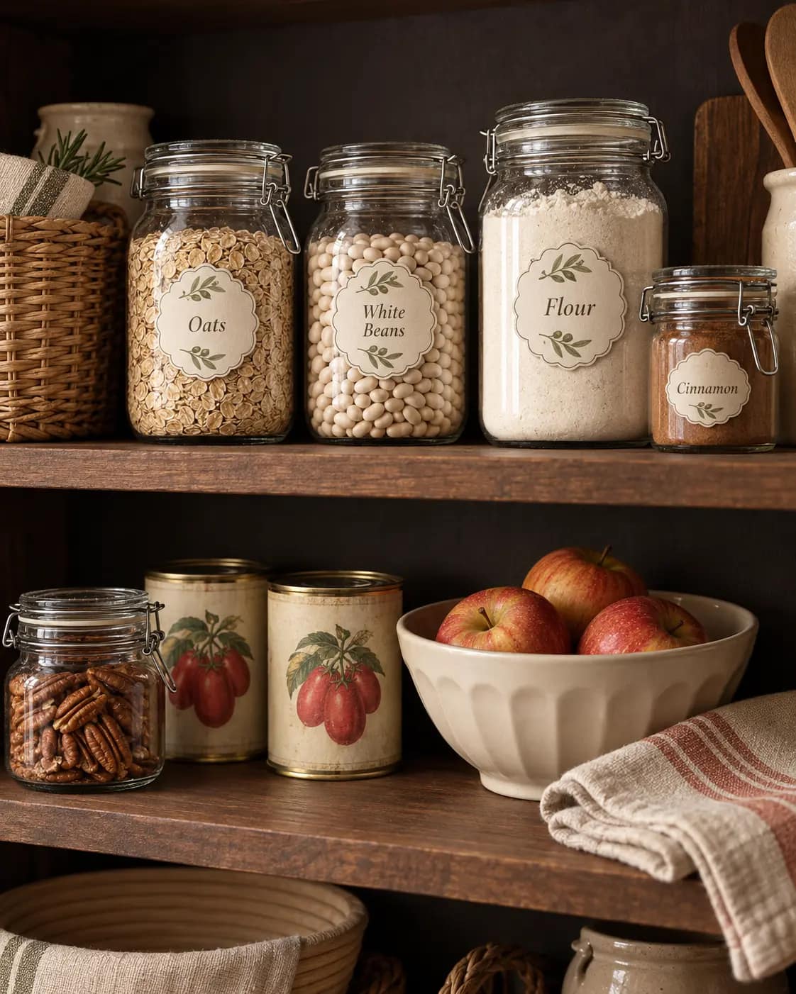 Glass jars of oats, white beans, flour, cinnamon, and pecans with tomatoes and apples on wooden shelves.