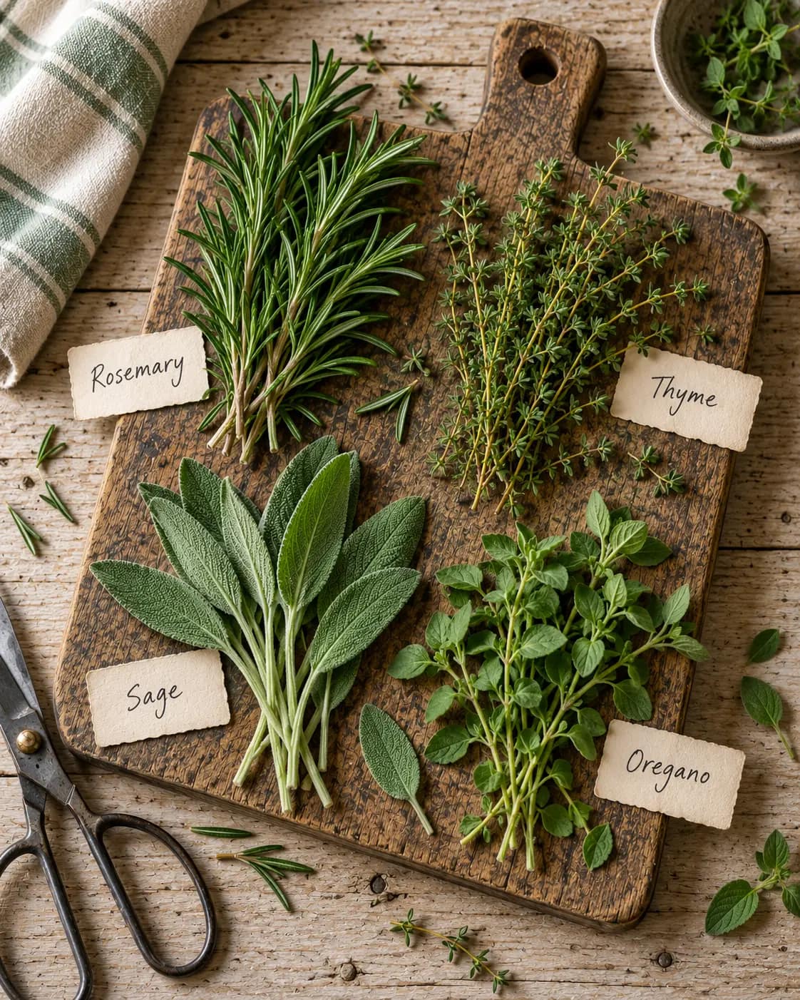 Four varieties of fresh culinary herbs arranged on weathered wood