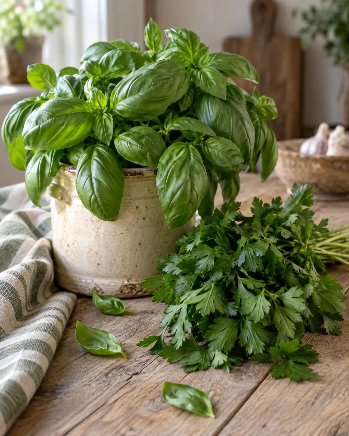 Fresh basil and flat-leaf parsley arranged on a rustic tabletop