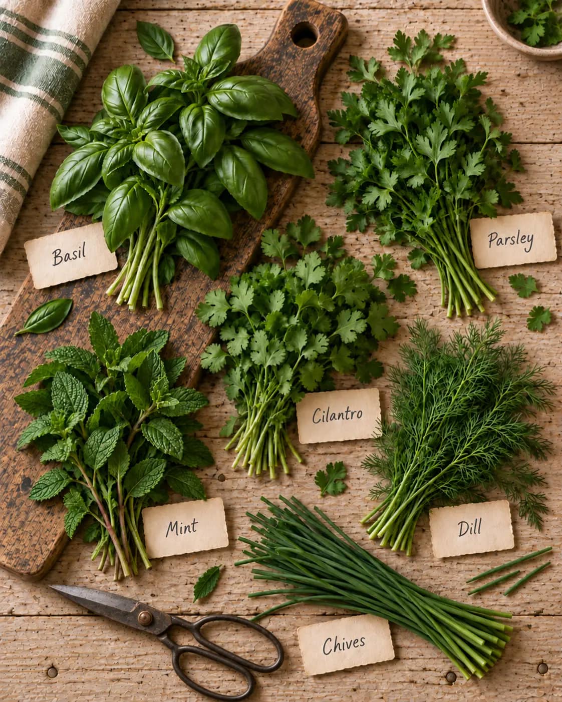 Fresh culinary herbs with handwritten labels and antique scissors on a rustic work surface