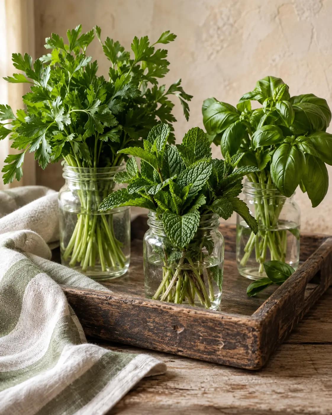 Fresh Italian culinary herbs stored upright in clear glass jars