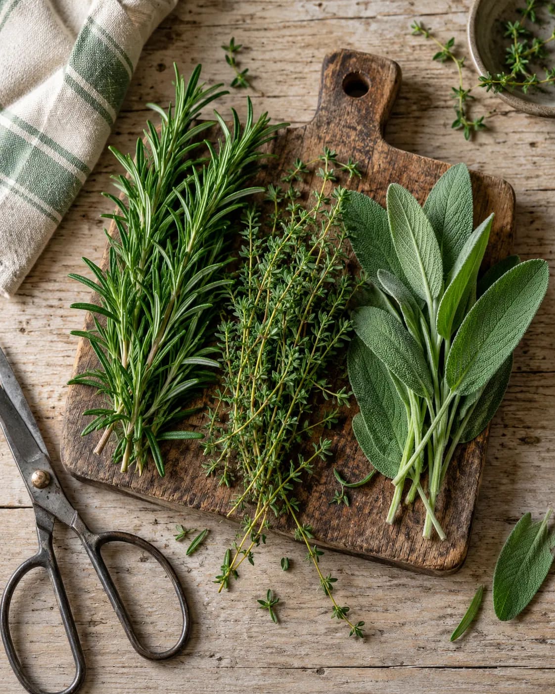 Fresh rosemary, thyme, and sage arranged on a rustic wooden surface
