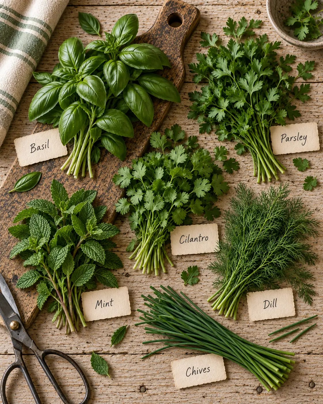Fresh Italian culinary herbs paired with handwritten identification cards