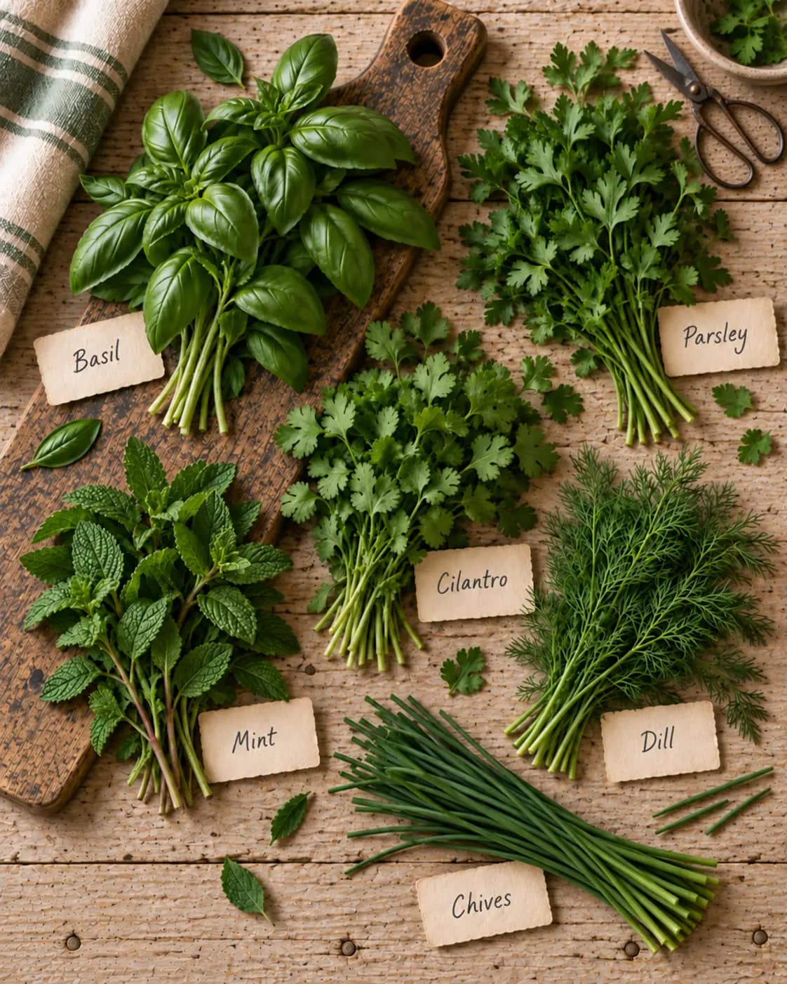 Six varieties of fresh culinary herbs arranged with vintage scissors