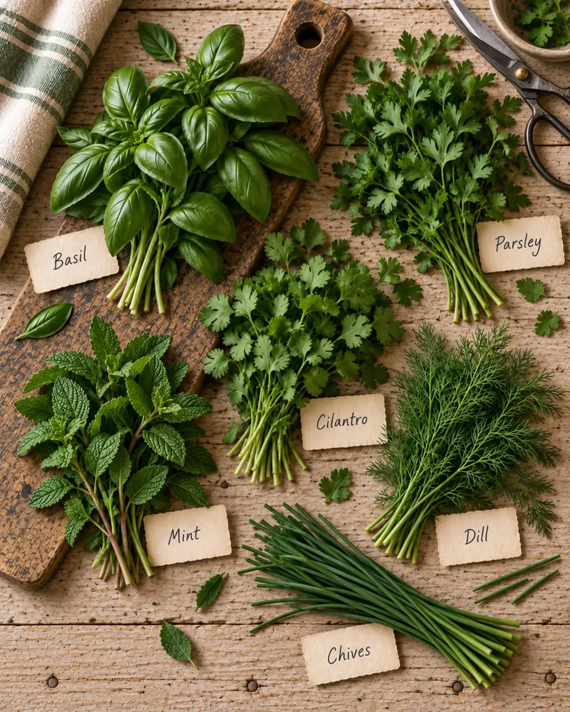Tender fresh herbs arranged on a rustic board with handwritten identification notes