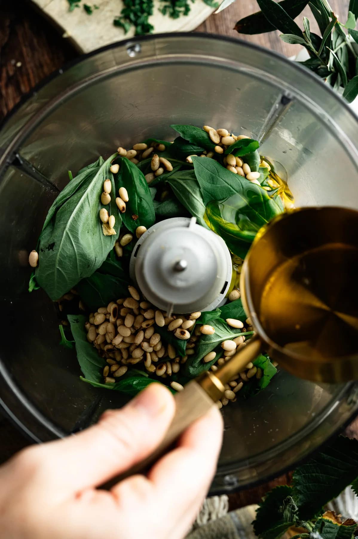 Olive oil being poured over basil and pine nuts in a food processor.