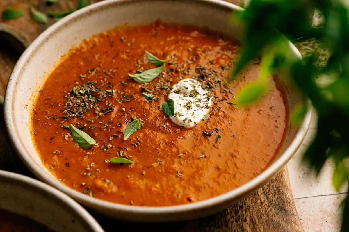 Rustic tomato basil soup topped with herbs and a dollop of cream in a ceramic bowl.