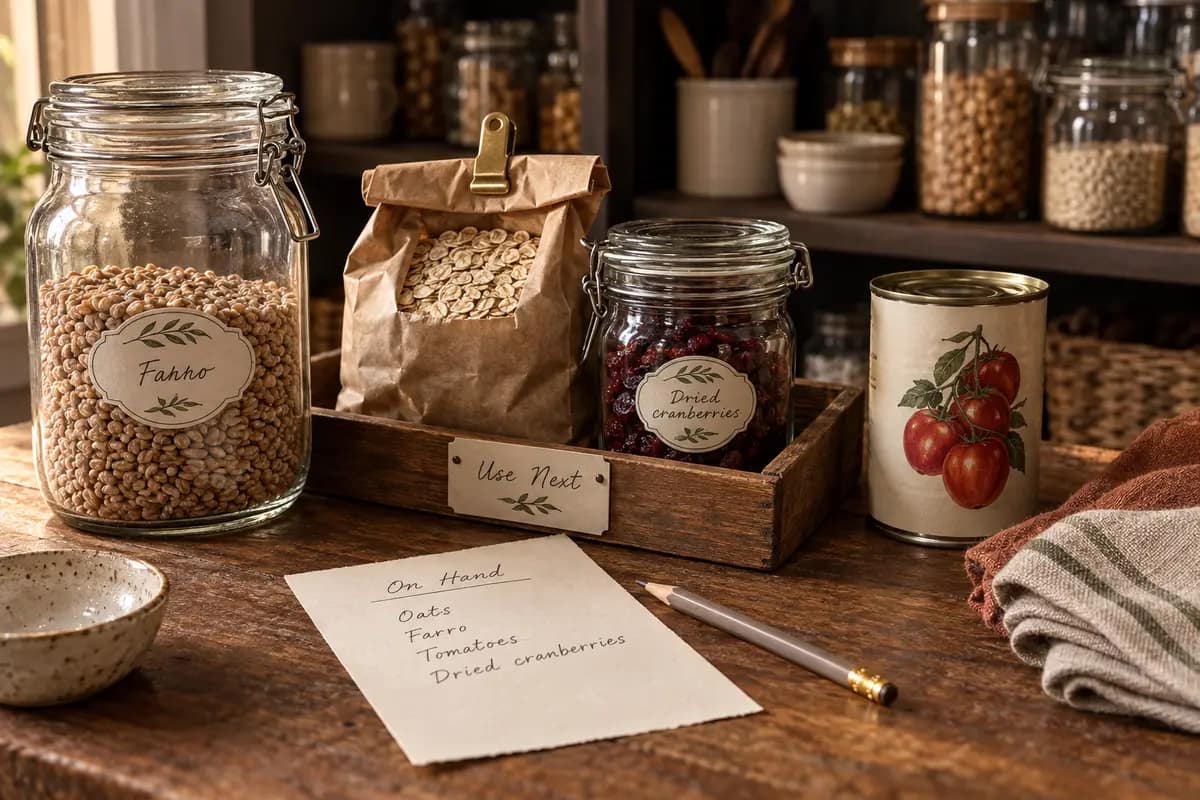 Jars of grains, opened packages, and a use-next basket beside a handwritten pantry inventory.
