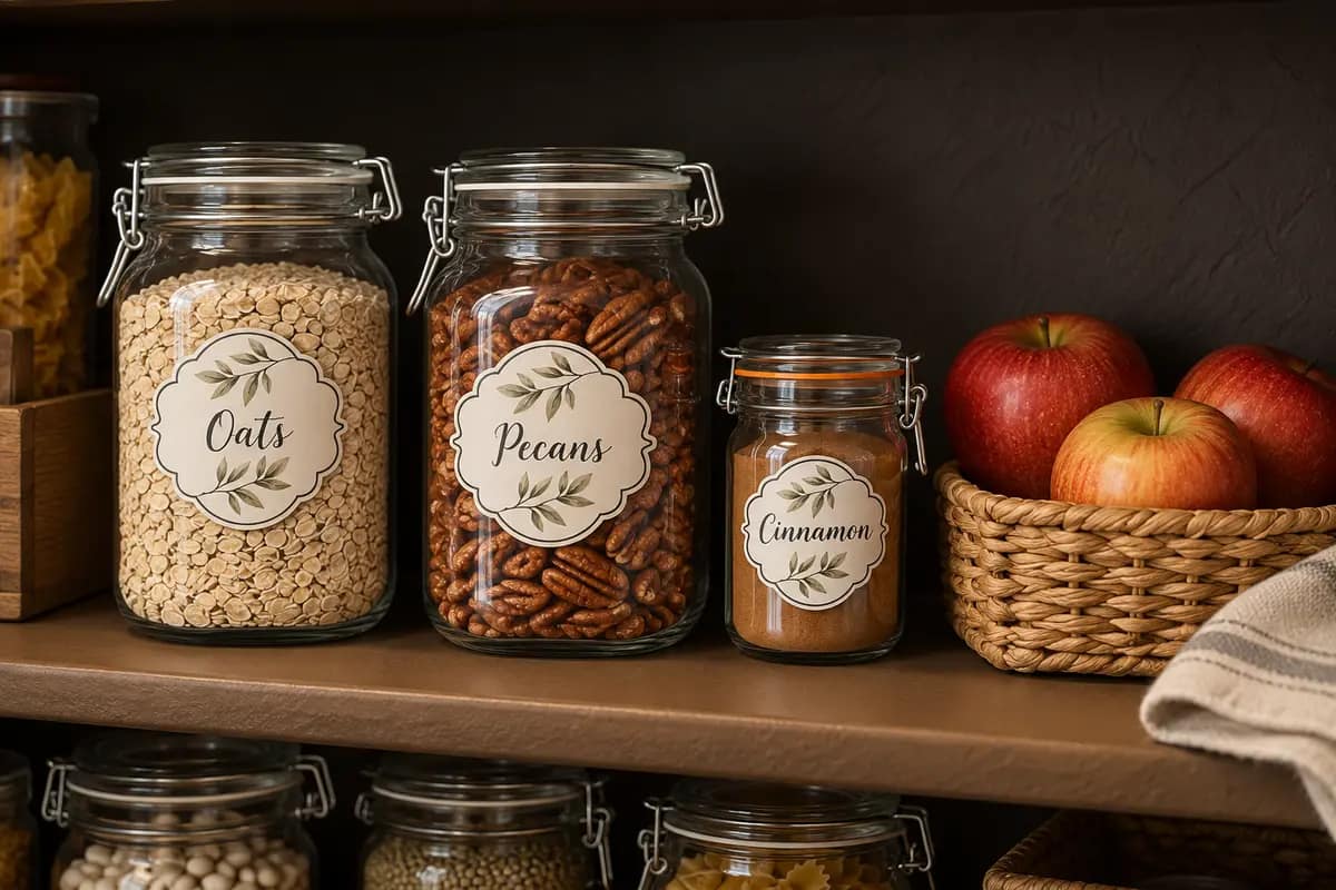 Labeled glass jars of oats, pecans, and cinnamon beside a basket of apples on a wooden pantry shelf.