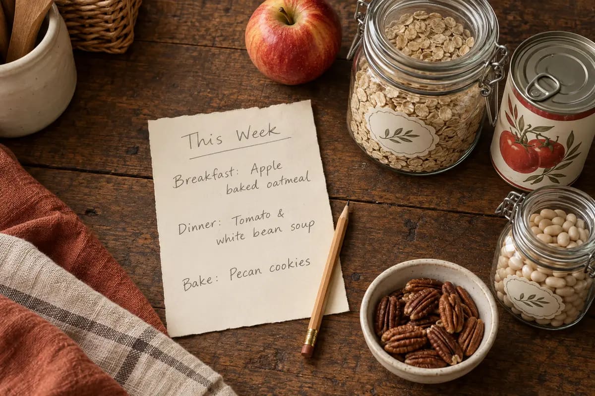 Handwritten weekly meal plan beside oats, tomatoes, white beans, pecans, and an apple.
