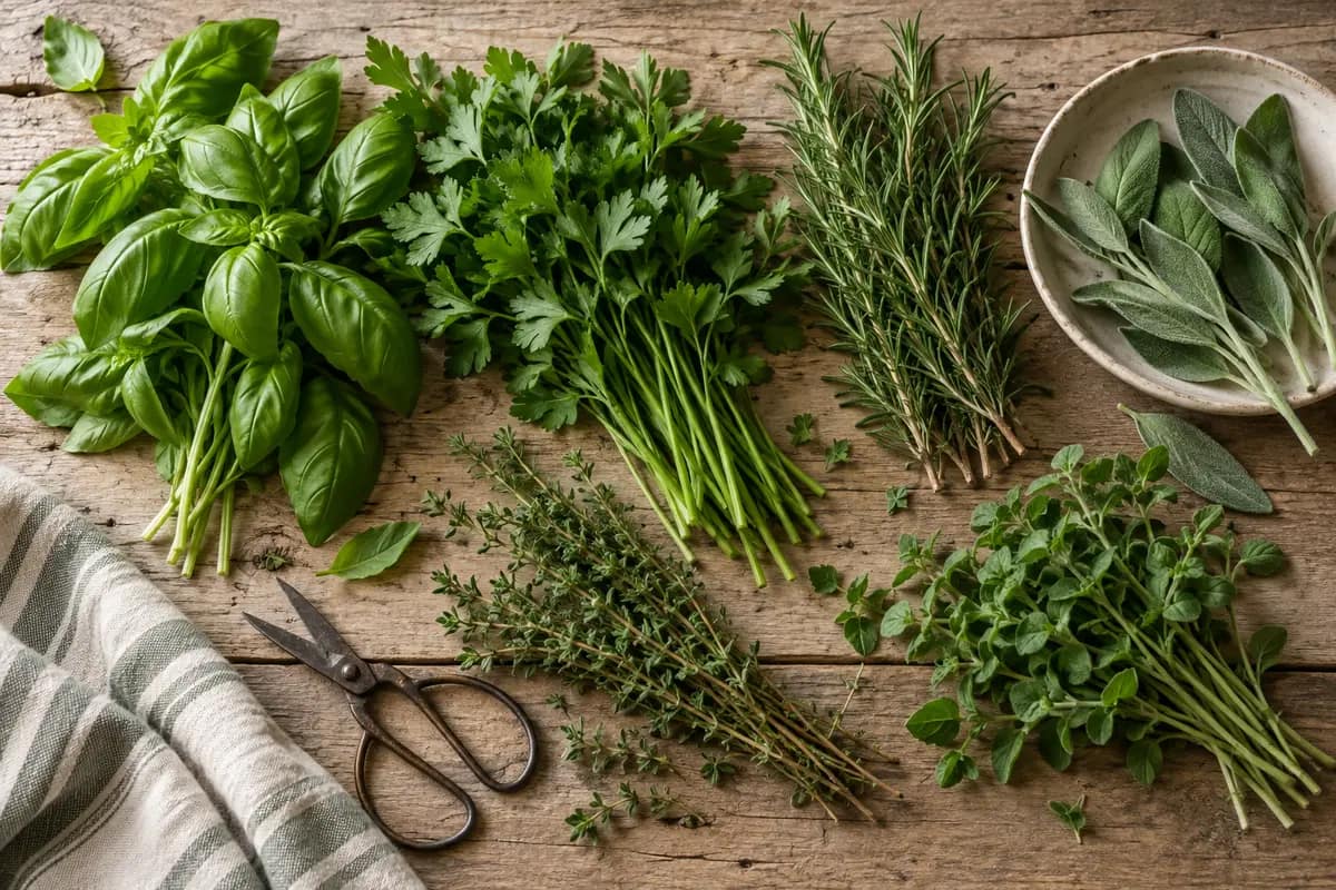 A rustic harvest of fresh Italian culinary herbs gathered on a wooden table