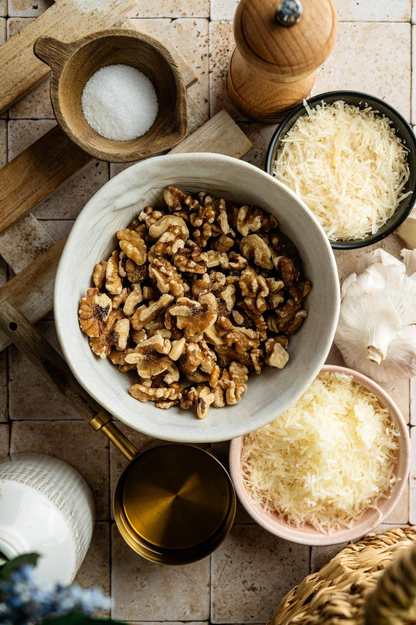 Walnuts, grated cheeses, garlic, olive oil, salt and pepper arranged for Salsa di Noci walnut sauce.