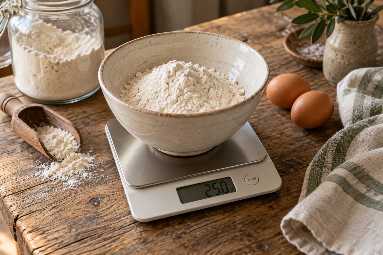 A ceramic bowl of flour on a digital kitchen scale beside a flour jar, eggs, and striped linen.