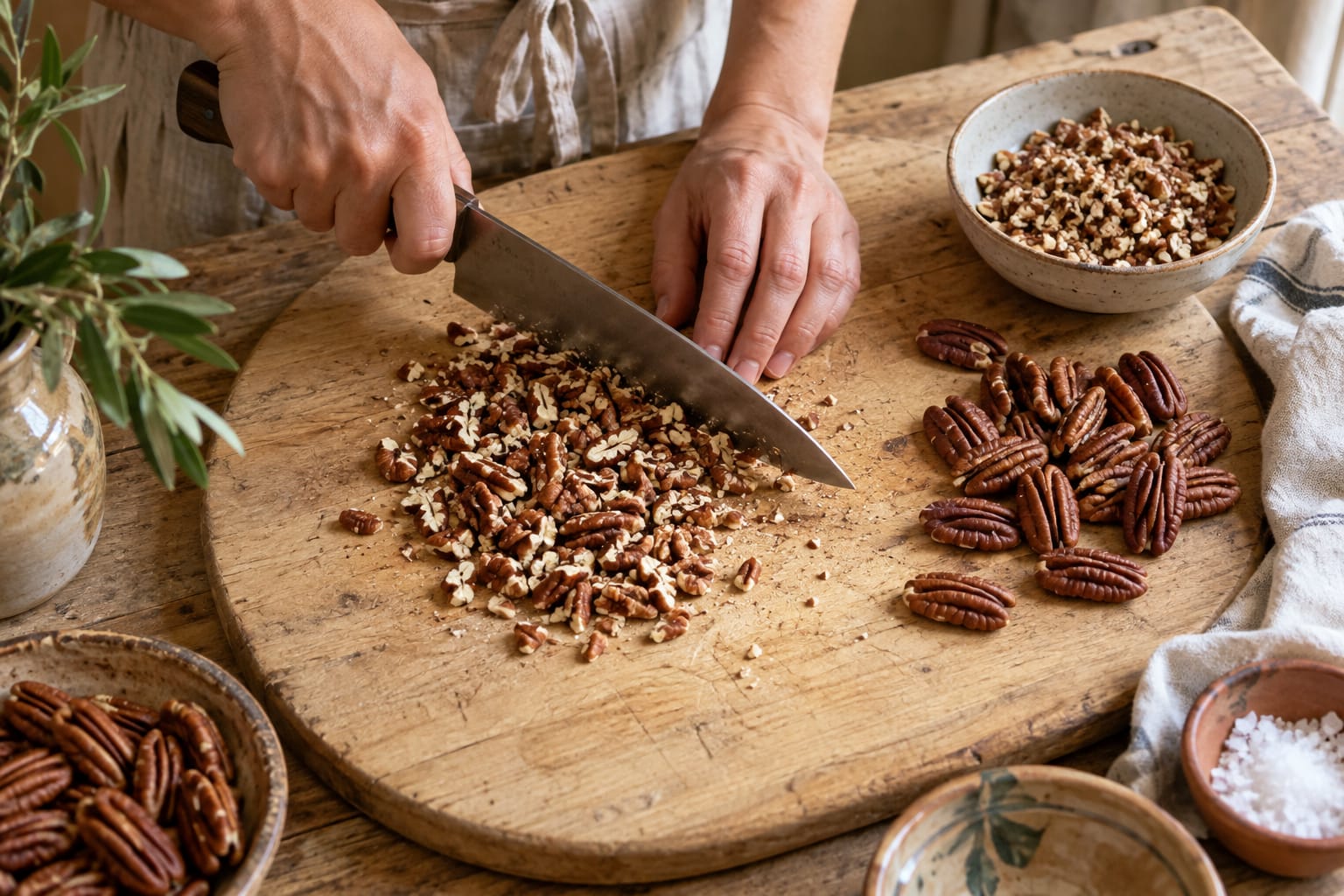 Hands chopping pecan halves with a knife on a wooden cutting board