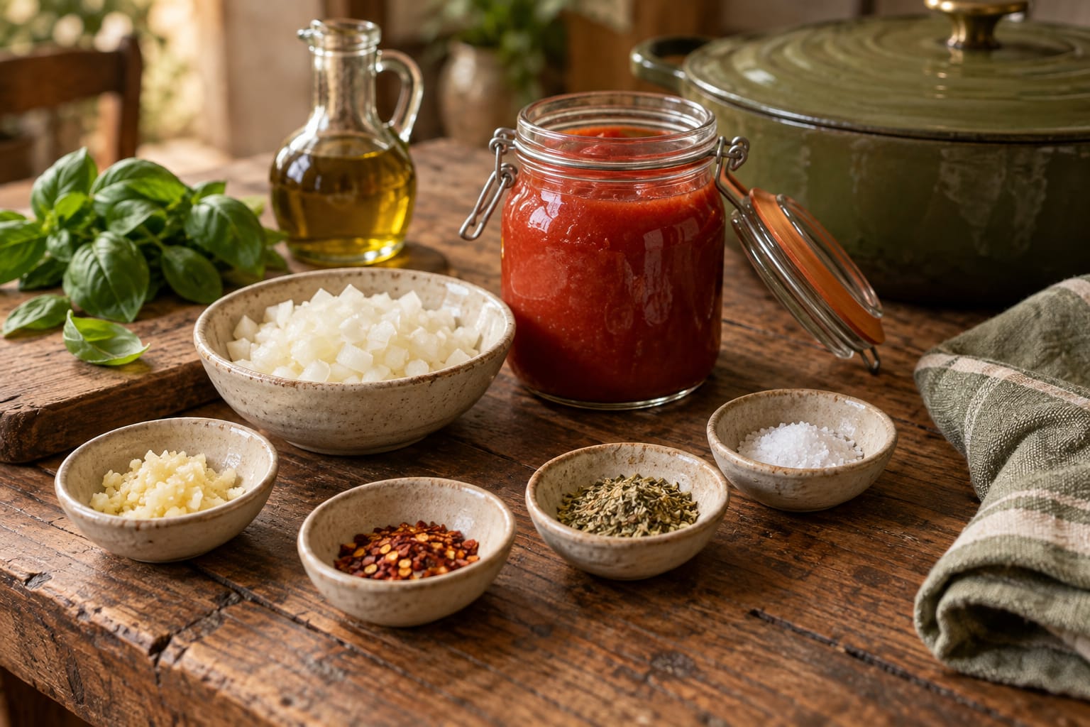 Chopped onion, garlic, herbs, olive oil, and tomato sauce arranged beside a green pot and fresh basil.