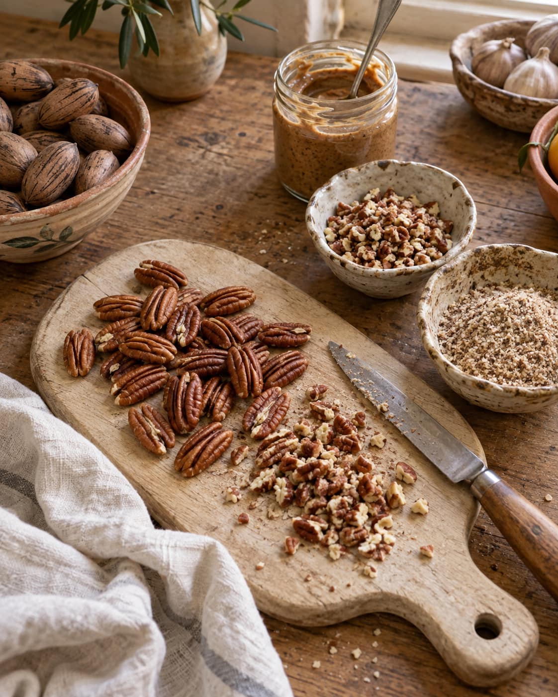 Pecan halves, chopped pecans, pecan meal, and pecan butter on a farmhouse table