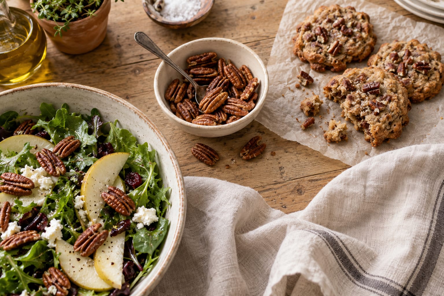 Pecans served with a pear salad and rustic cookies on a wooden table