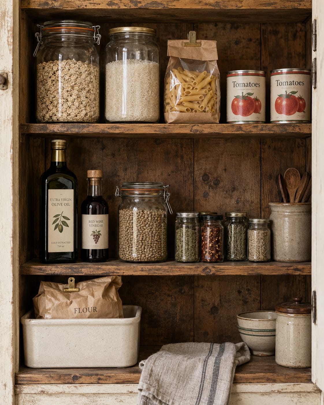 Rustic pantry shelves holding jars of beans and grains, pasta, canned tomatoes, olive oil, and kitchen bowls.
